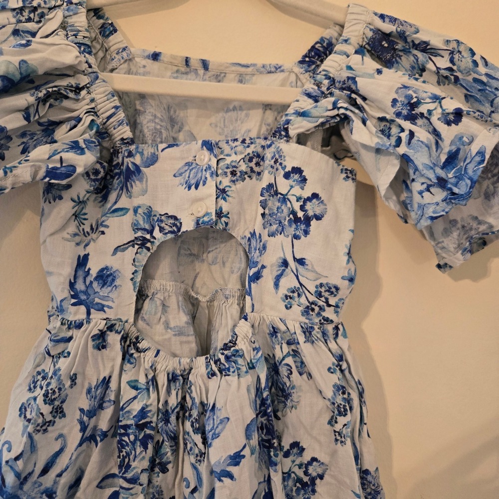 Next Girls Blue White Floral Puff Sleeve Cotton Dress Cutout Back 4Y 104cm‎ - Picture 6 of 8